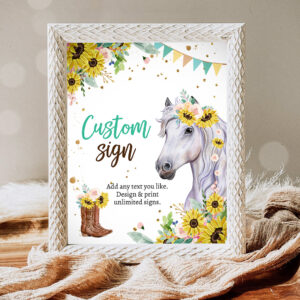 1 Editable Custom Horse Birthday Party Sign Saddle Up Cowgirl Party Sign Sunflowers Horse Girl Table Sign 8x10 Corjl Template Printable 0408 1