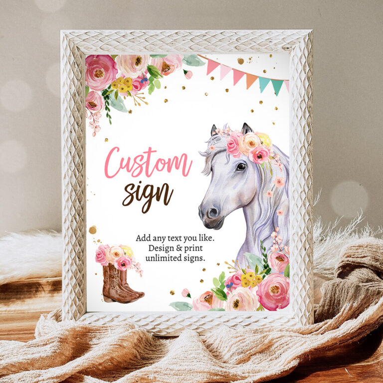 1 Editable Custom Horse Birthday Sign Saddle Up Cowgirl Party Sign Pink Horse Floral Girl Table Sign 8x10 Corjl Template Printable 0408 1