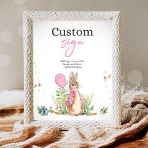 1 Editable Custom Sign Flopsy Rabbit Birthday Decor Table Peter Rabbit Shower Rustic Girl Pink Download Corjl Template Printable 8x10 0351 1