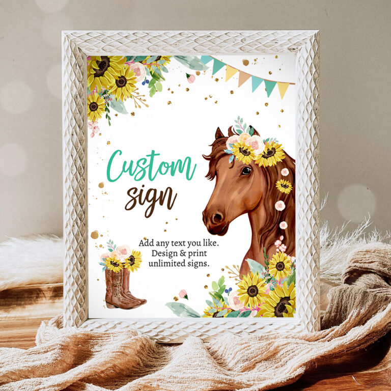 1 Editable Custom Sign Horse Birthday Party Sign Saddle Up Cowgirl Party Sign Sunflowers Horse Girl Table Sign 8x10 Corjl Template Printable 0408 1