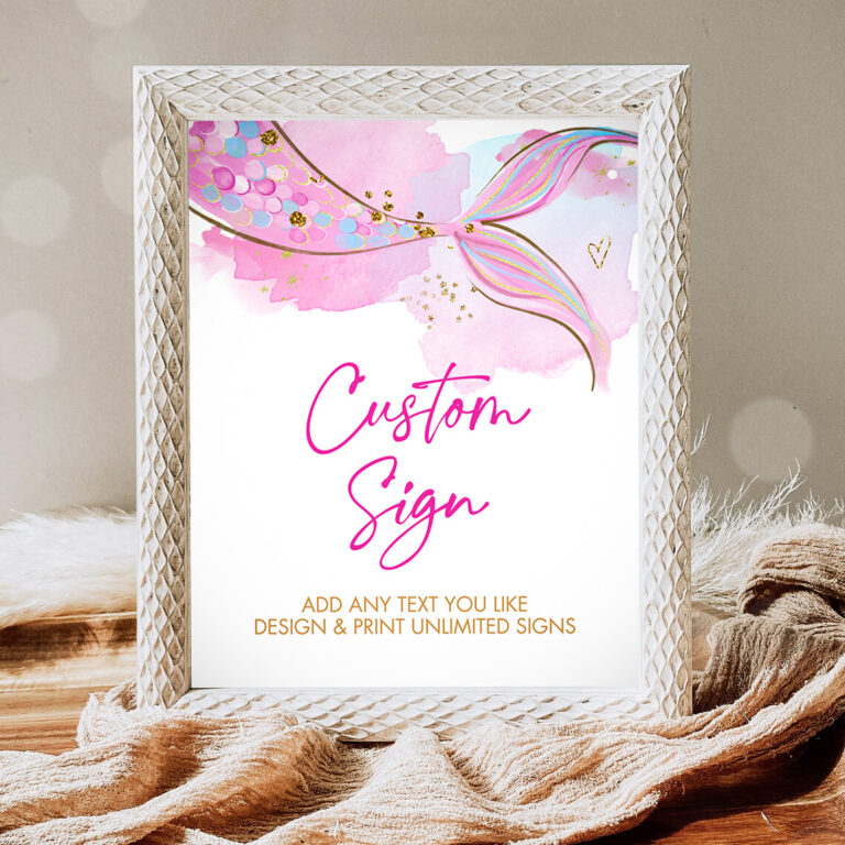 1 Editable Custom Sign Mermaid Tail Watercolor Pink Aqua Girl Birthday Shower Table Sign Decoration 8x10 Download Printable 0403 1