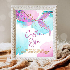 1 Editable Custom Sign Mermaid Tail Watercolor Pink Purple Aqua Girl Birthday Shower Table Sign Decoration 8x10 Download Printable 0403 1