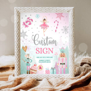 1 Editable Custom Sign Nutcracker Party Birthday Decor Land of Sweets Party Sign Sugar Plum Fairy Girl Pink Table Sign Corjl Template PRINTABLE 0352 1