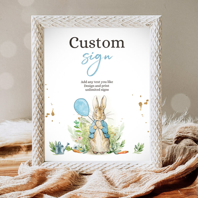1 Editable Custom Sign Peter Rabbit Birthday Decor Table Sign Peter Rabbit Shower Rustic Boy Blue Download Corjl Template Printable 8x10 0351 1
