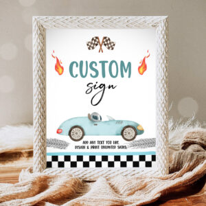 1 Editable Custom Sign Race Car Birthday Two Fast 2 Curious Racing Vintage Cars Blue Boys Party 8x10 Download Corjl Template PRINTABLE 0424 1