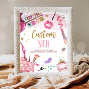 1 Editable Custom Sign Spa Party Sign Makeup Party Pink Gold Girl Teen Birthday Glitz and Glam Table Sign 8x10 Corjl Template Printable 0420 1