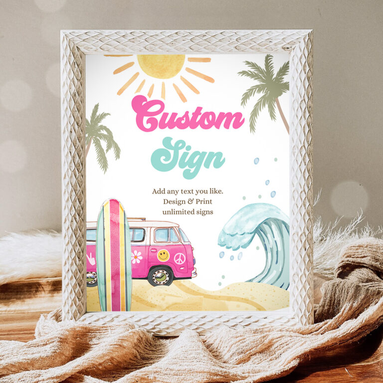 1 Editable Custom Sign Surf Birthday Party Sign Girl The Big One Surfs Up Birthday Sign Beach Party Retro Wave Template Corjl PRINTABLE 0433 1