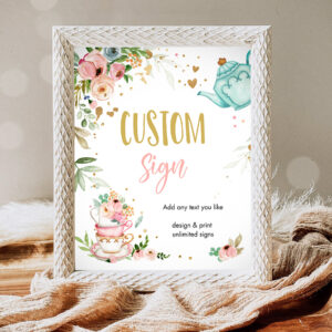 1 Editable Custom Tea Party Sign Baby Shower Baby is Brewing Floral Pink Gold Whimsical Girl Table Sign 8x10 Corjl Template Printable 0349 1