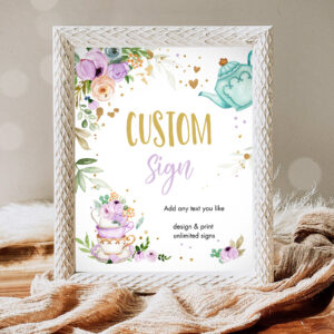 1 Editable Custom Tea Party Sign Baby Shower Brewing Floral Tea for Two Purple Gender Neutral Table Sign 8x10 Corjl Template Printable 0349 1