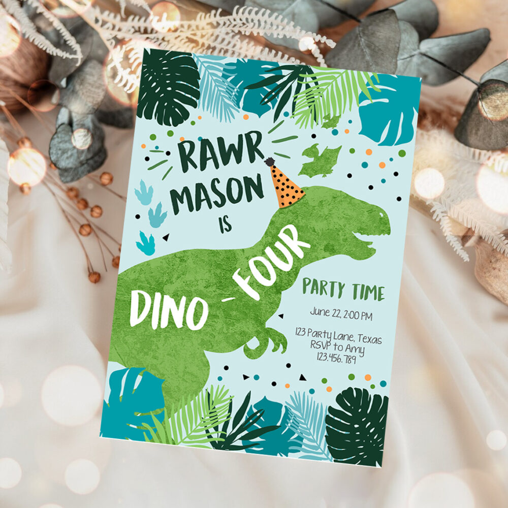 1 Editable Dino Four Dinosaur Birthday Invitation Dino T Rex 4th Birthday Fourth Rawr Boy Green Blue Prehistoric Printable Corjl Template 0389 1