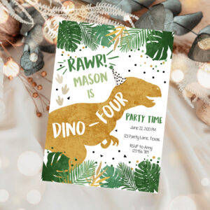 1 Editable Dino Four Dinosaur Birthday Invitation Dino T Rex Boy Fourth Birthday 4th RAWR ROAR Green Gold Prehistoric Corjl Template 0146 1
