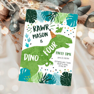 1 Editable Dino Four Dinosaur Birthday Party Invitation Dino T Rex 4th Birthday Fourth Rawr Boy Green Blue Prehistoric Printable Corjl Template 0389 1