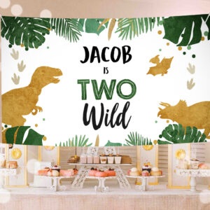 1 Editable Dinosaur Birthday Backdrop Banner Boy Gold Young Wild and Three Birthday 3rd Birthday Sign Download Corjl Template Printable 0146 1