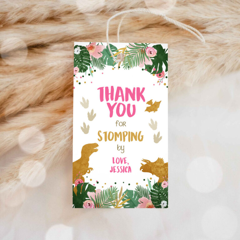 1 Editable Dinosaur Favor Tags Gift Tag Girl Pink Gold Thank You for Stomping By Tag Birthday Dino Party T Rex Corjl Template Printable 0146 1