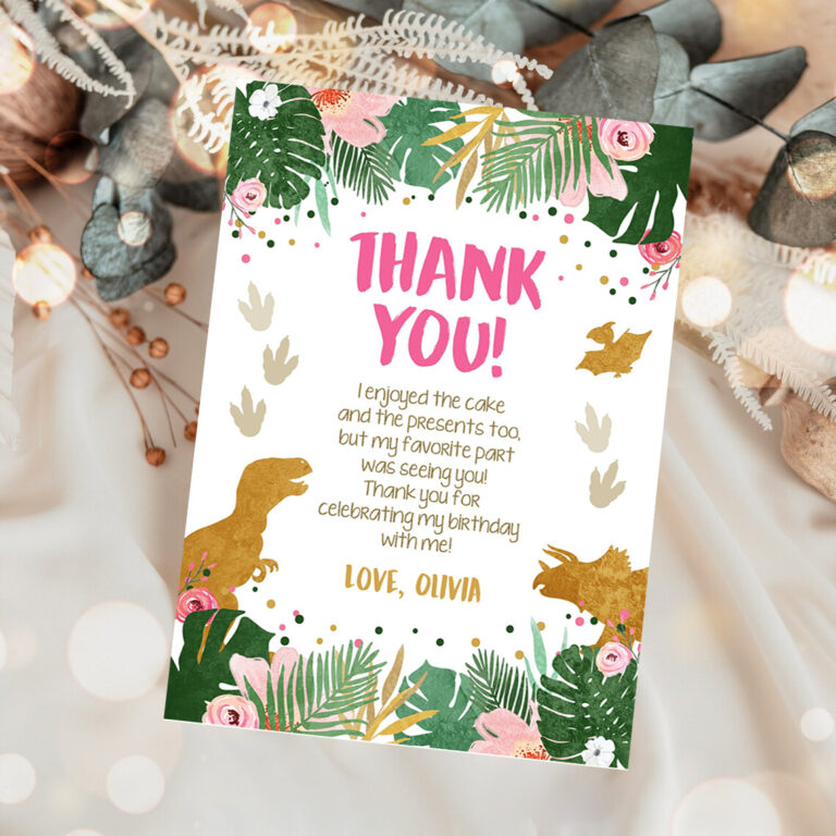 1 Editable Dinosaur Thank You Card Birthday Note Pink Gold Girl Dino Party T Rex Instant Download Printable Corjl Template Digital 0146 1