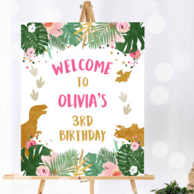 1 Editable Dinosaur Welcome Sign Girl Pink and Gold Dino Party Dinosaur Birthday Sign Welcome Dinosaur Sign Template PRINTABLE Corjl 0146 1