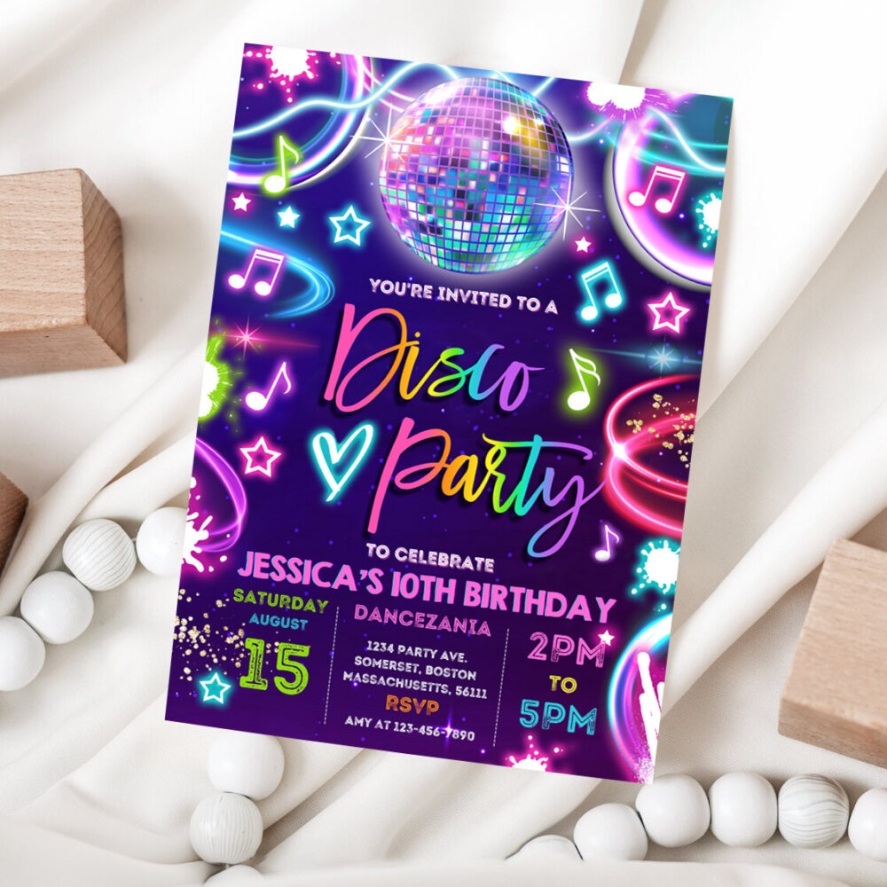 1 Editable Disco Party Invitation Neon Glow Disco Dance Party Invitation Neon Glow Disco Party Neon Disco Dance Party