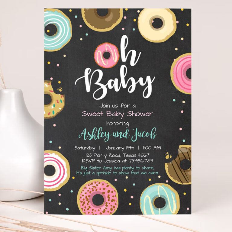 1 Editable Donut Baby Shower Invitation Oh Baby Coed Shower Doughnut Sweet Chalk Gender Neutral Pink Girl Corjl Template Printable 0050 1
