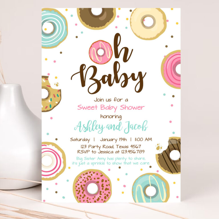 1 Editable Donut Baby Shower Invitation Oh Baby Coed Shower Doughnut Sweet Gender Neutral Pink Girl Download Corjl Template Printable 0050 1