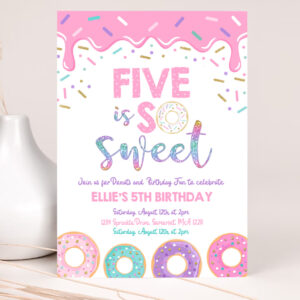 1 Editable Donut Five Is Sweet Birthday Invitation Girl Donut 5th Birthday Party Pink Donut Birthday Party