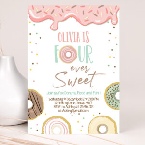 1 Editable Donut Four Ever Sweet Birthday Invitation 4th Birthday Party Pink Girl Doughnut Four Digital Download Printable Template Corjl 0320 1
