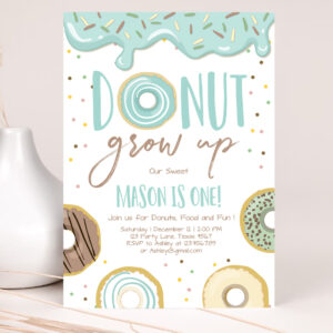 1 Editable Donut Grow Up Birthday Invitation First Birthday Party Blue Boy Doughnut 1st Pastel Instant Download Printable Template