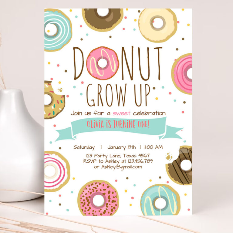 1 Editable Donut Grow Up Birthday Invitation First Birthday Party Pink Girl Doughnut Sweet Digital Download Printable Template