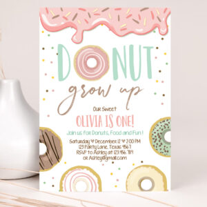 1 Editable Donut Grow Up Birthday Invitation First Birthday Party Pink Girl Doughnut Sweet Digital Download Printable Template Corjl 0320 1