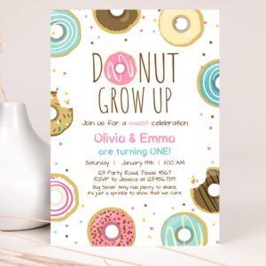 1 Editable Donut Grow Up Birthday Invitation Twin First Birthday Party Pink Girl Twins Doughnut Sweet Download Printable Template Corjl 0050 1