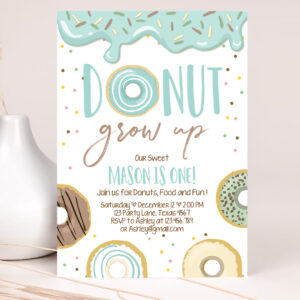 1 Editable Donut Grow Up Birthday Party Invitation First Birthday Party Blue Boy Doughnut 1st Pastel Instant Download Printable Template Corjl 0320 1