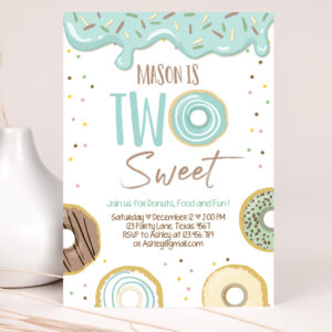 1 Editable Donut Two Sweet Birthday Invitation Second Birthday Party Blue Boy Doughnut 2nd Pastel Download Printable Template Corjl 0320 1