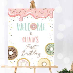 1 Editable Donut Welcome Sign Donut Birthday Party Pink Girl Two Sweet Decor Pastel Shower Table Sign Download Corjl Template Printable 0320 1