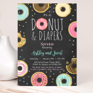 1 Editable Donut and Diapers Sprinkle Invitation Sprinkled With Love Coed Shower Pink Girl Digital Download Printable Corjl Template 0050 1