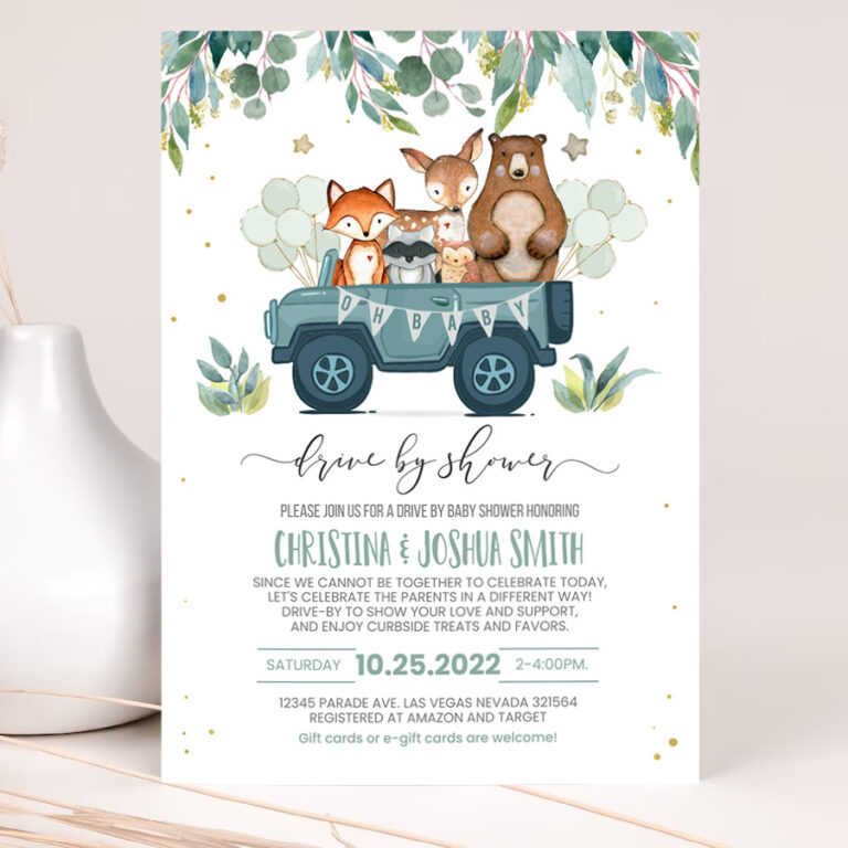 1 Editable Drive By Baby Shower Invite Woodland Animal Drive Through Shower Invite Social Distancing Drive Thru Gender Party Invite