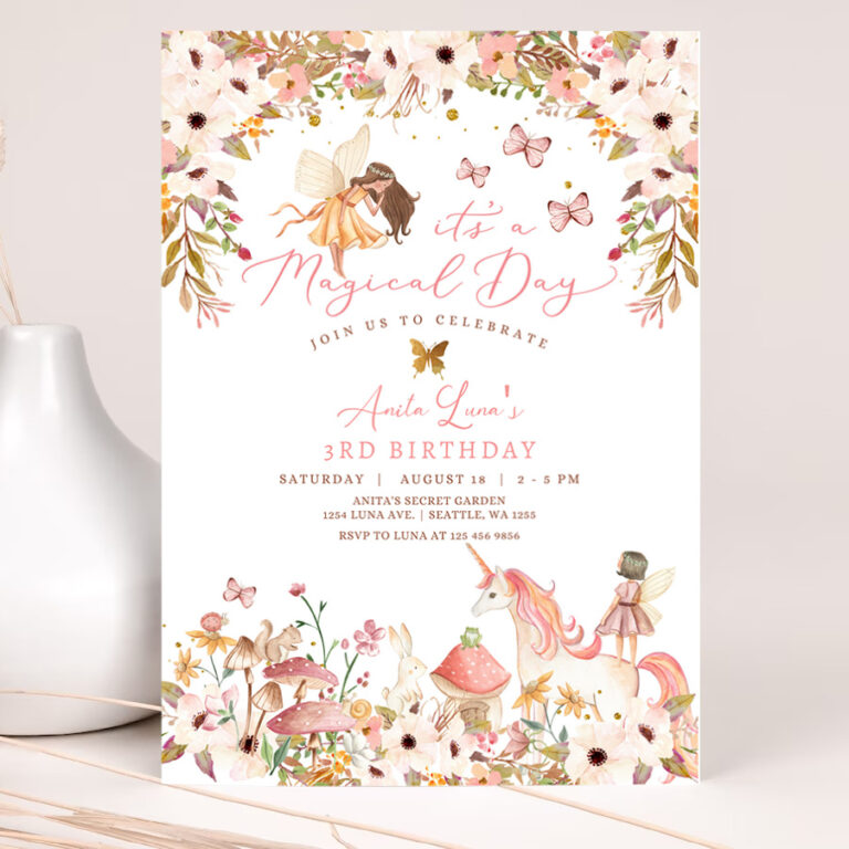 1 Editable Enchanted Magical Unicorn Fairy Birthday Invitation Garden Forest Animals Floral Fairy Birthday Invite