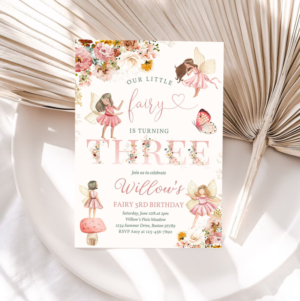 1 Editable Fairy Birthday Invitation Whimsical Pink Wildflower Fairy 3rd Birthday Magical Floral Fairy Garden Birthday Instant Download Editable WF 1