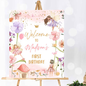 1 Editable Fairy Birthday Party Welcome Sign Fairy Garden Sign Whimsical Welcome Enchanted Forest Birthday Girl Pink Template PRINTABLE Corjl 0406 1