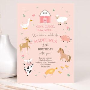 1 Editable Farm Birthday Invitations Girl Farm Animals Pink Barnyard Party Modern Pastel Download Printable Invite Template Digital Corjl 0436 1