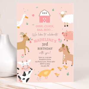 1 Editable Farm Birthday Party Invitation Girl Farm Animals Pink Barnyard Party Modern Pastel Download Printable Invite Template Digital Corjl 0436 1