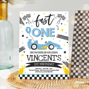 1 Editable Fast One 1st Birthday Invite Fast One Boy Race Car 1st Birthday Party Invite Fast One Blue Race Car Party
