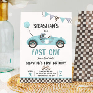 1 Editable Fast One Race Car 1st Birthday Invitation Race Car Fast One Birthday Boy Vintage Blue Race Car 1st Birthday