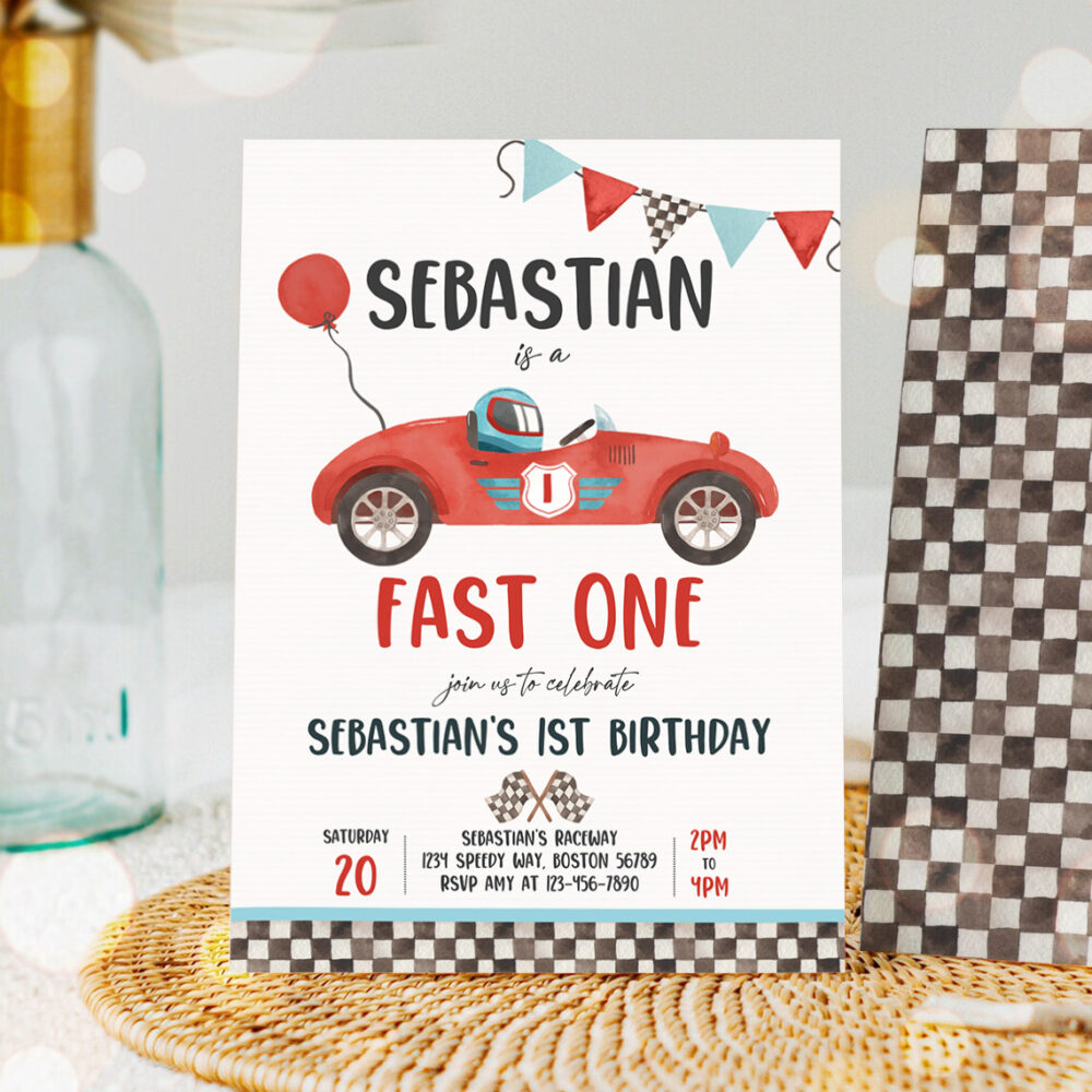 1 Editable Fast One Race Car 1st Birthday Invitation Race Car Fast One Birthday Boy Vintage Red Race Car 1st Birthday Instant Download VR 1