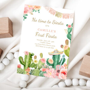 1 Editable Fiesta Birthday Party Invitation No Time To Siesta Lets Fiesta 1st Birthday Watercolor Cactus Mexican Party