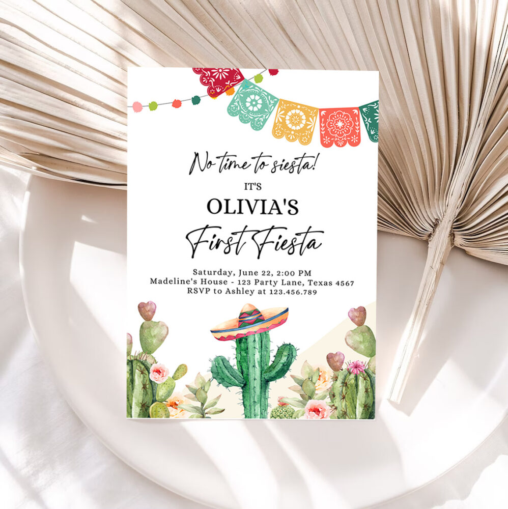 1 Editable Fiesta Invitation First Fiesta Birthday Mexican Cactus Succulent Desert Floral Girl Kids Printable Invitation Template Corjl 0404 1
