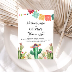 1 Editable Fiesta Invitation Three esta Birthday Mexican Cactus Succulent Desert Floral Girl Kids 3rd Printable Invitation Template Corjl 0404 1