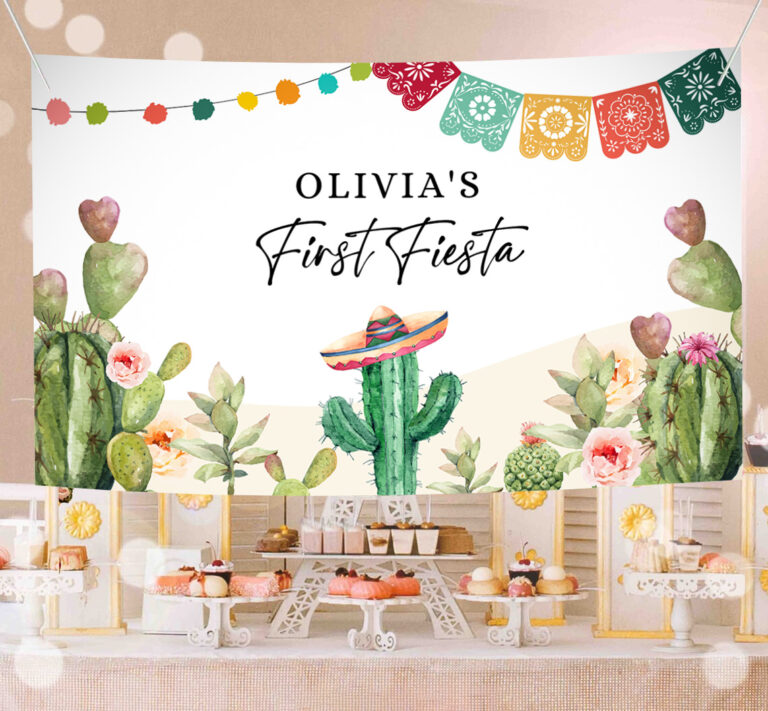 1 Editable First Fiesta Birthday Backdrop Banner Mexican Cactus Succulent Desert Floral Girl Shower Download Corjl Template Printable 0404 1