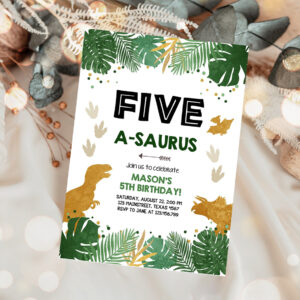 1 Editable Five A Saurus Birthday Invitation ANY AGE Dinosaur Dino Party Boy 5th Fifth Birthday Green Gold Corjl Template Printable 0146 1