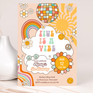 1 Editable Five Is A Vibe Groovy Birthday Invitation 5th Birthday Four Invite Rainbow Peace Love Party Download Template Corjl Digital 0459 1
