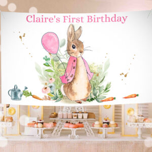 1 Editable Flopsy Bunny Backdrop Banner Bunny Birthday Girl Peter Rabbit Spring Watercolor Rustic Pink Download Corjl Template Printable 0351 1