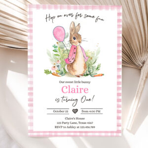 1 Editable Flopsy Bunny Birthday Party Invitation Girl Pink Rustic Peter Rabbit 1st Birthday Invite Hop on Over Corjl Template Printable 0351 1